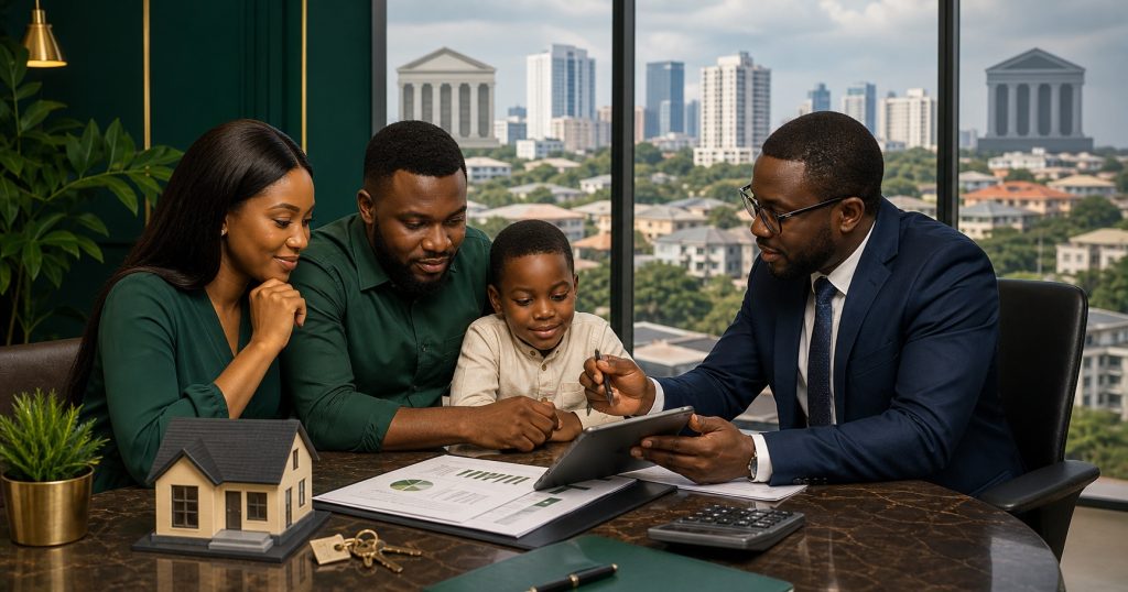 Nigerian family reviewing mortgage options with a financial advisor, house model, and city skyline.