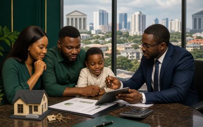 Nigerian family reviewing mortgage options with a financial advisor, house model, and city skyline.