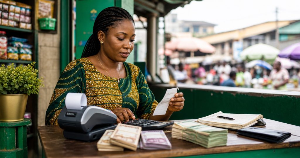 Nigerian POS business owner reviewing receipts, cash, and transactions at a small shop counter.