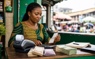 Nigerian POS business owner reviewing receipts, cash, and transactions at a small shop counter.