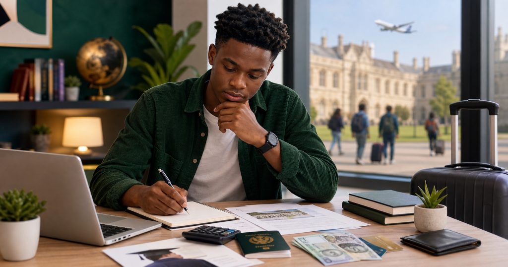 Nigerian student planning overseas education financing with laptop, passport, calculator, and travel luggage.