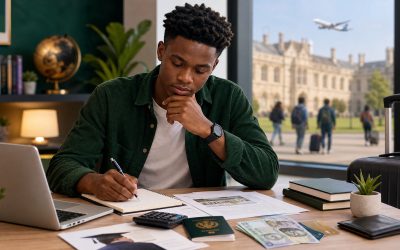 Nigerian student planning overseas education financing with laptop, passport, calculator, and travel luggage.