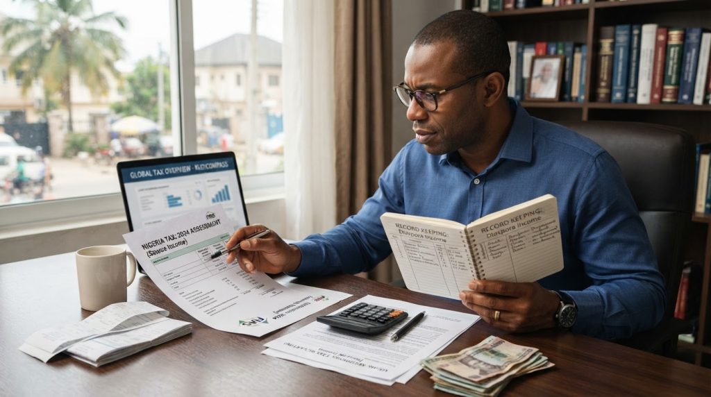 Realistic editorial image for Diaspora Tax Basics: Nigeria Source Income US UK Residence and Record-Keeping