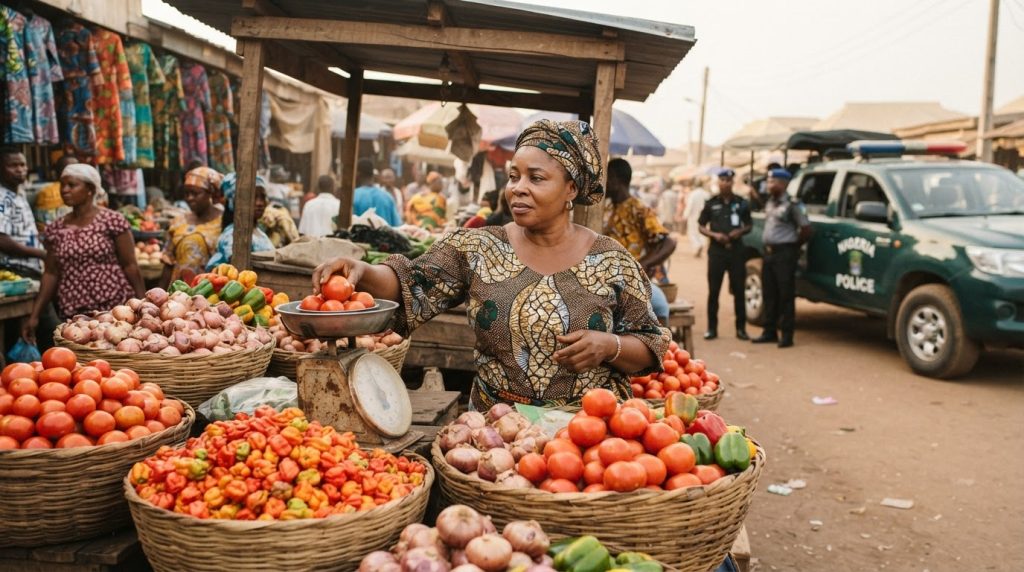 Realistic editorial image for State Police & Food Prices: How Insecurity Inflates Your Grocery Bill