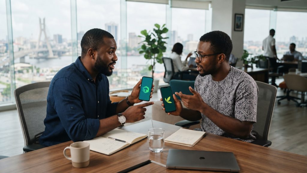 Two Nigerian investors comparing the Trove and Bamboo investment apps on their phones