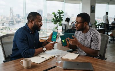 Two Nigerian investors comparing the Trove and Bamboo investment apps on their phones