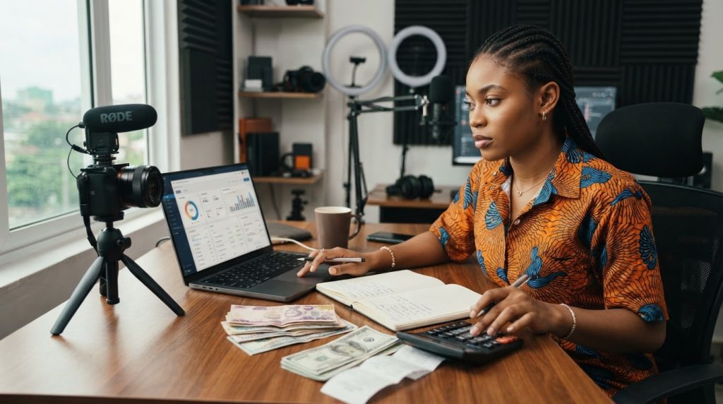 Realistic editorial image for Creator Finance in Nigeria: Taxes USD Payments Equipment Loans and Saving Cycles