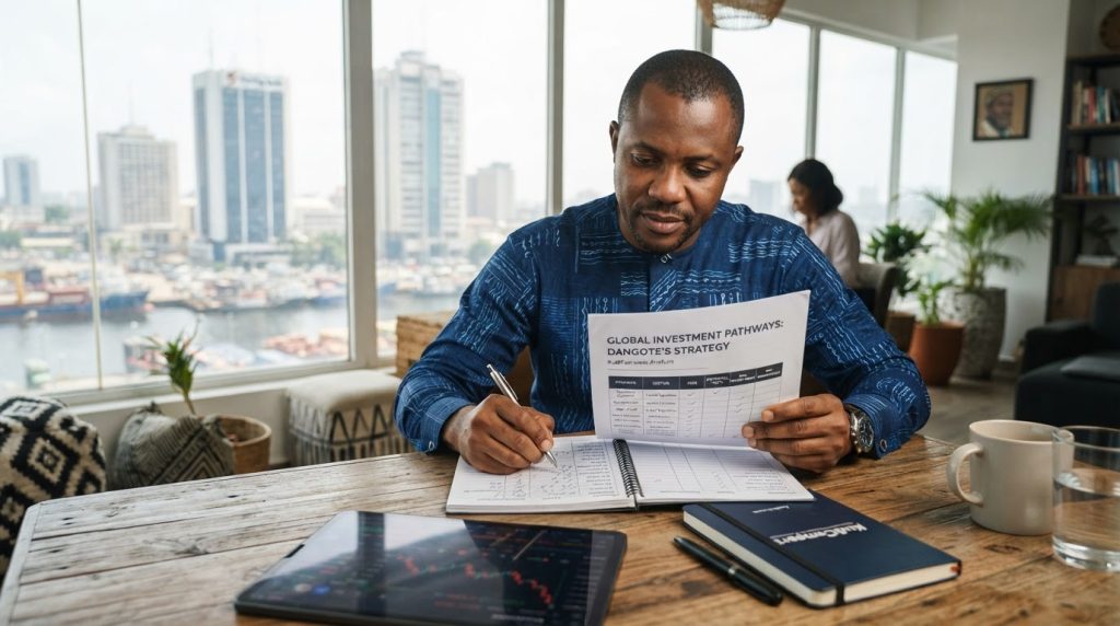 Realistic editorial image for Aliko Dangote's Global Ambition: A Blueprint for Nigerian Investors
