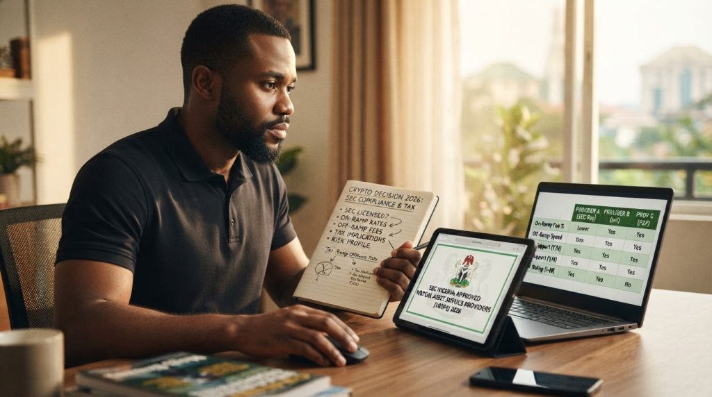 Realistic editorial image for Crypto in Nigeria 2026: SEC Rules On-Ramps Off-Ramps Taxes and Risk